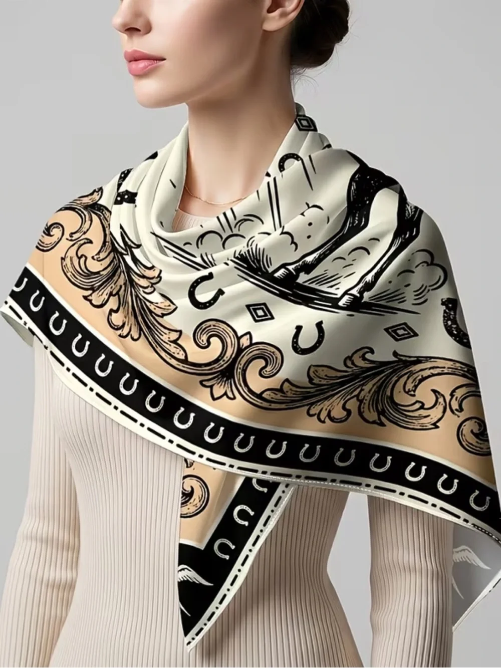 Horse Motif Scarf in Cream, Black & Gold